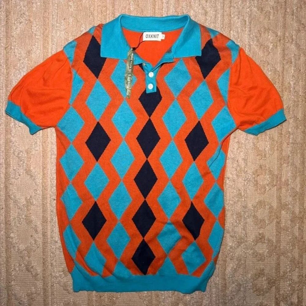 NWT Oxknit Knit Polo Shirt 3XL 60s 70s Retro Argyle Orange Blue Cotton